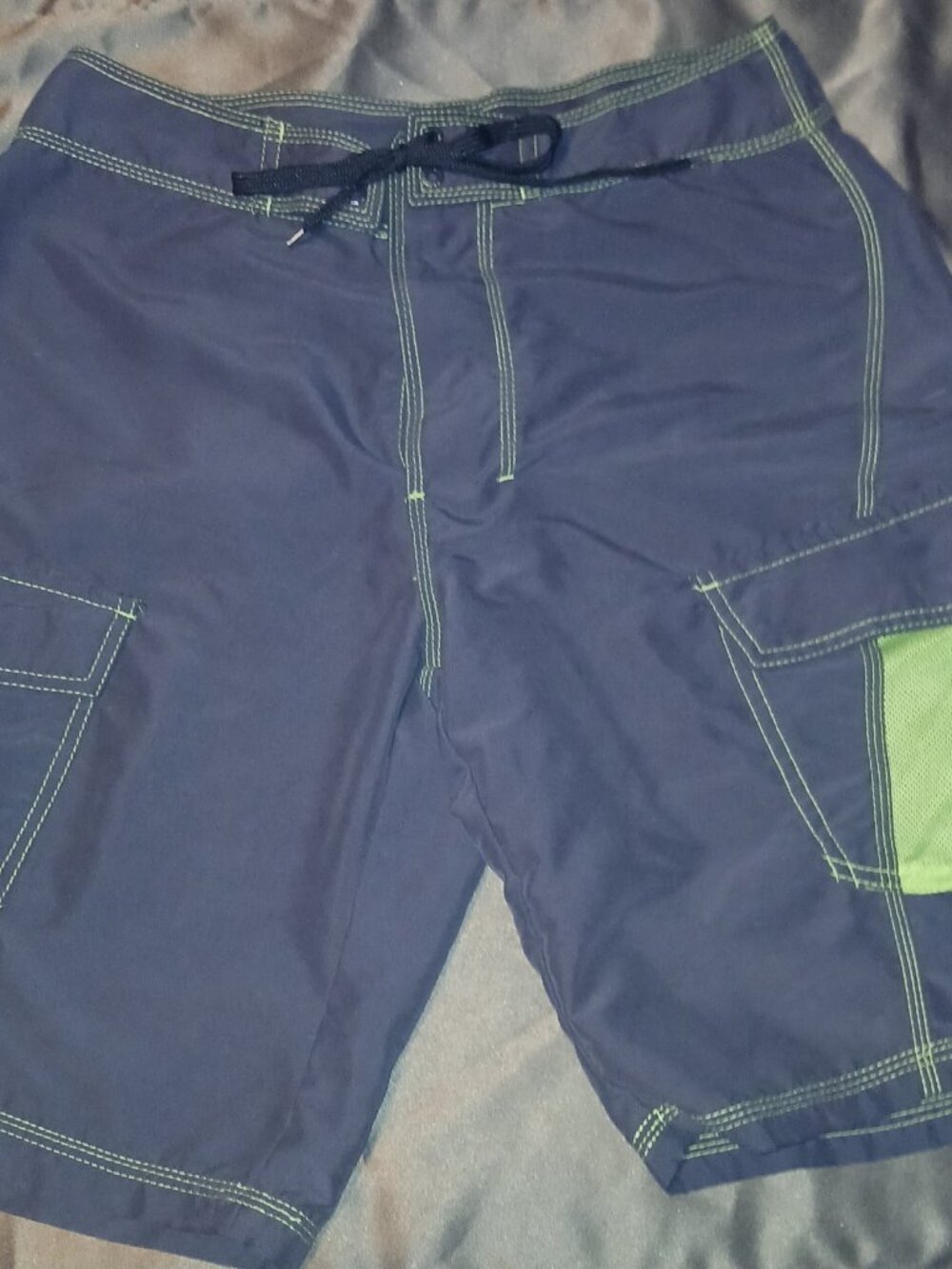 Arizona Jean Co Mens Board Shorts Size 32 Navy Neon Green Stitching